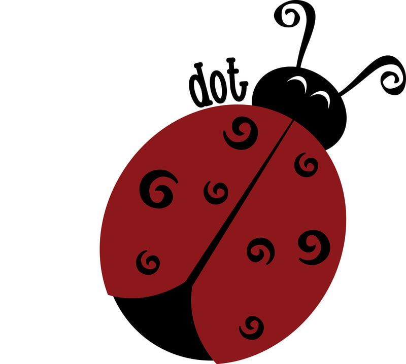 The mascot of Alpha Sigma Alpha: Dot the Ladybug. She has curly antenna on her black head and her eyes are happy white slits. Her red body is divided in half with a black stripe and there are four swirls of black on both halves. Her name is written to the left of her head and follows the curve of her body.