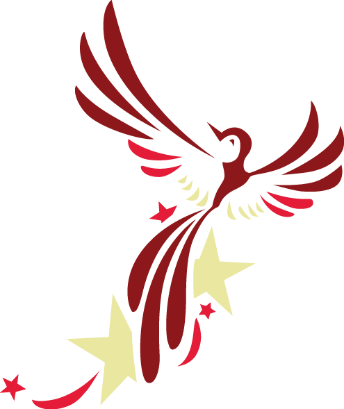 The Phoenix of Alpha Sigma Alpha. A red bird with its wings spread wide as it rises from ashes with stars in its tail feathers.